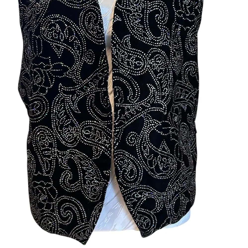 Vintage 80s Black Velvet Rhinestone Studded Vest Old Hollywood Medium